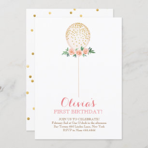 Girl First Birthday Watercolor Gold Ballon Einladung