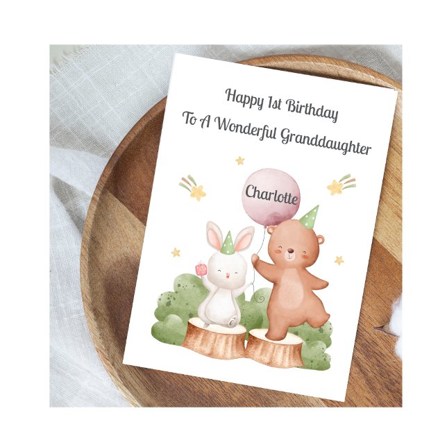 Girl First Birthday Woodland Rabbit Bear Card Karte (Von Creator hochgeladen)