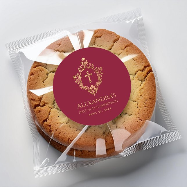 Girl First Communion Burgundy Gold Wappen Religiös Runder Aufkleber (Von Creator hochgeladen)