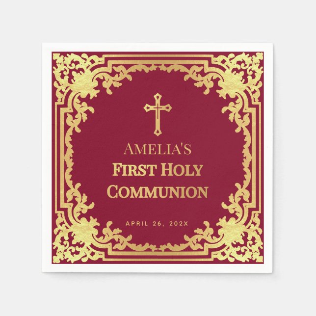 Girl First Communion Burgundy Imitats Gold Vintag Serviette (Vorderseite)