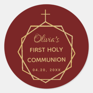 Girl First Communion Burgundy Red Gold Modern Runder Aufkleber
