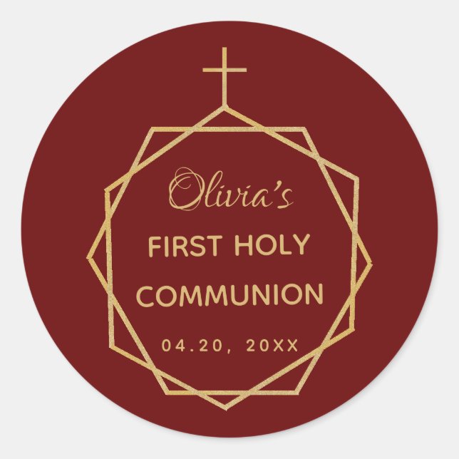 Girl First Communion Burgundy Red Gold Modern Runder Aufkleber (Vorderseite)
