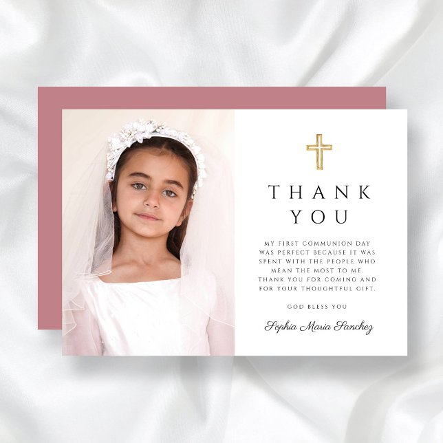 Girl First Communion Dusty Rose Cross Foto Dankeskarte (Girl First Communion Dusty Rose Cross Photo Thank You Card)