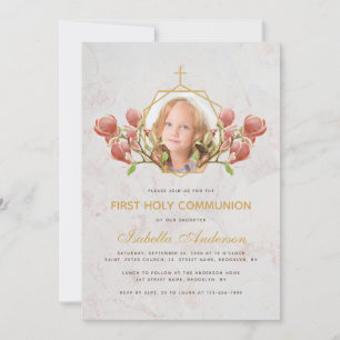 Girl First Communion Foto Rosa Magnolia Marmor Einladung