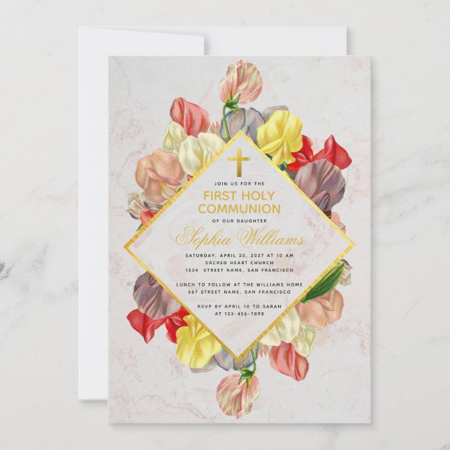 Girl First Communion Gold Marmor Platterbsen Blume Einladung (Vorderseite)