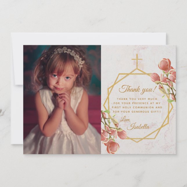 Girl First Communion Marmor Gold Pink Magnolia Dankeskarte (Vorderseite)