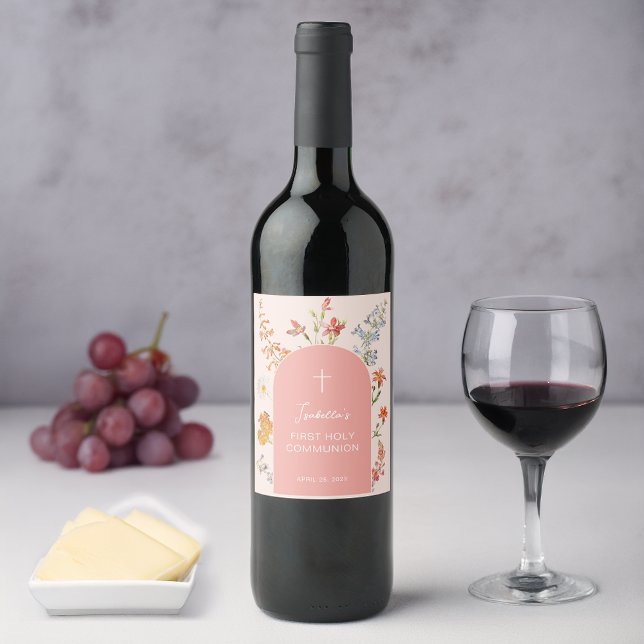 Girl First Communion Pink Arch Wildflowers Floral  Weinetikett (Von Creator hochgeladen)