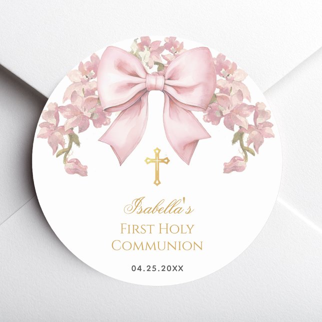 Girl First Communion Pink Bow & Gold Cross Floral  Runder Aufkleber (Von Creator hochgeladen)