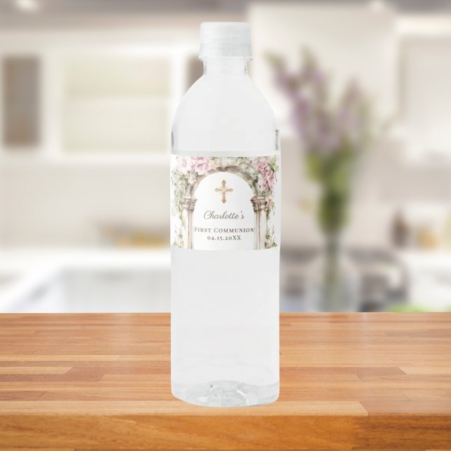 Girl First Communion Pink Florals Arch Cross Wasserflaschenetikett (Von Creator hochgeladen)