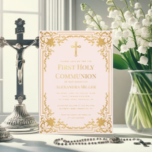 Girl First Communion Pink Imitats Gold Vintag Verz Einladung