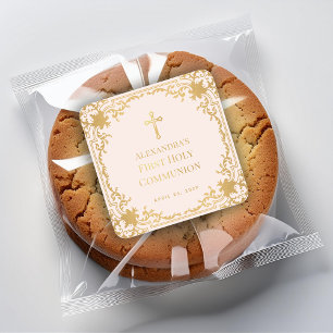 Girl First Communion Pink Imitats Gold Vintag Verz Quadratischer Aufkleber