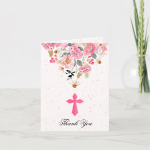 Girl First Communion Rosa floral geklappt Dankeskarte