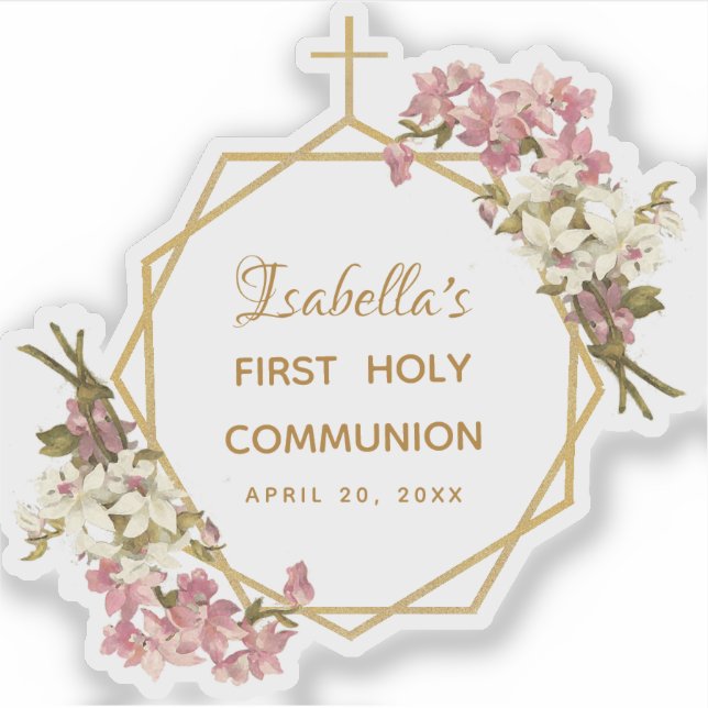 Girl First Communion Rosa Orchid Gold Cross Floral Aufkleber (Vorderseite)