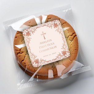 Girl First Communion Rose Gold Cross Vintag Quadratischer Aufkleber