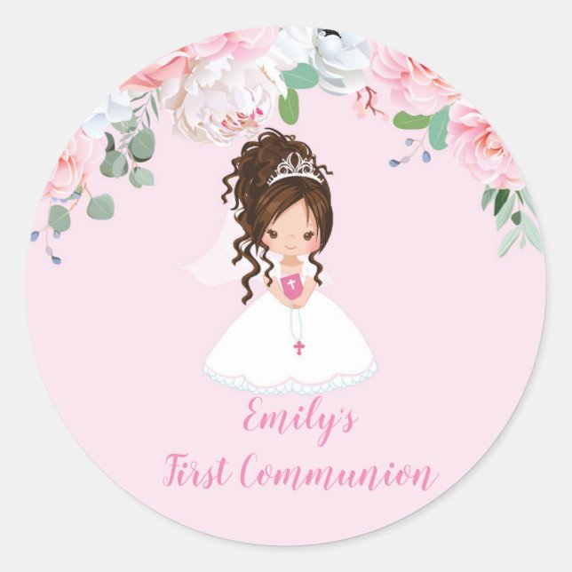 Girl First Communion Stickers, Brünett Updo Runder Aufkleber (Vorderseite)
