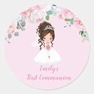 Girl First Communion Stickers, Brünett Updo Runder Aufkleber