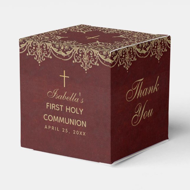Girl First Communion Vintag Burgund Gold Elegante Geschenkschachtel (Rückseite)
