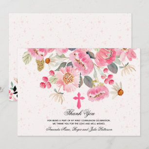 Girl First Communion Watercolor Pink Floral Dankeskarte
