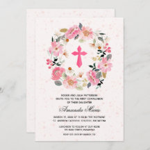 Girl First Communion Watercolor Pink Floral