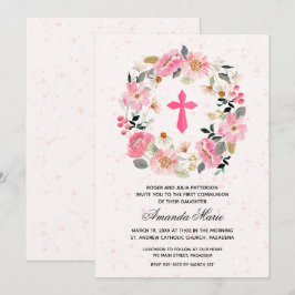 Girl First Communion Watercolor Pink Floral Einladung