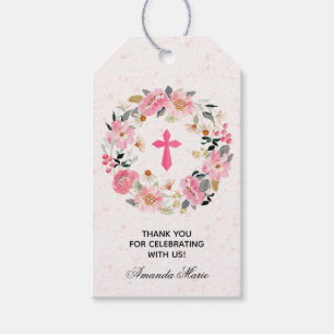 Girl First Communion Watercolor Pink Floral Gefall Geschenkanhänger