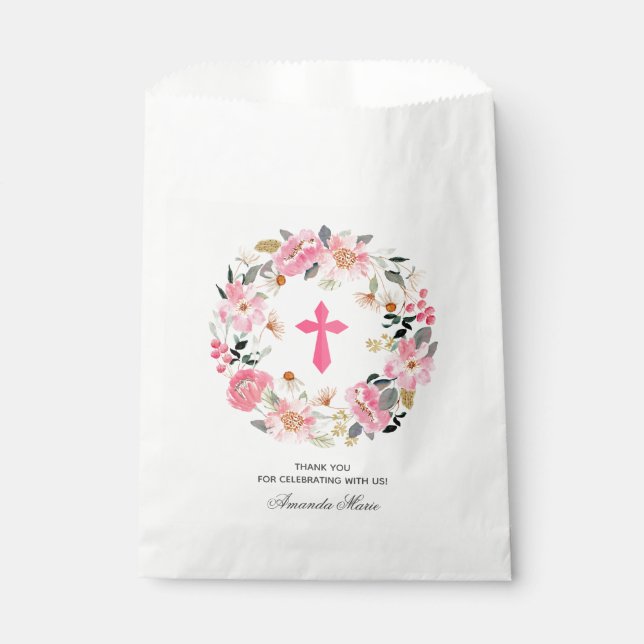 Girl First Communion Watercolor Pink Floral Geschenktütchen (Vorderseite)