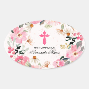 Girl First Communion Watercolor Pink Floral Ovaler Aufkleber
