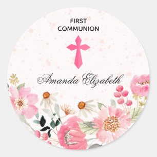 Girl First Communion Watercolor Pink Floral Runder Aufkleber