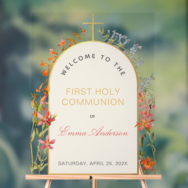 Girl First Communion Wildflowers Gold Arch Welcome Acrylschild (Von Creator hochgeladen)