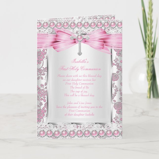Girl First Heilige Kommune Kreuz Damask Pink Silve Einladung (Vorderseite)
