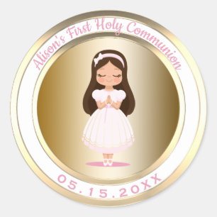 Girl First Heilige Kommunion Metallic Gold und Pin Runder Aufkleber