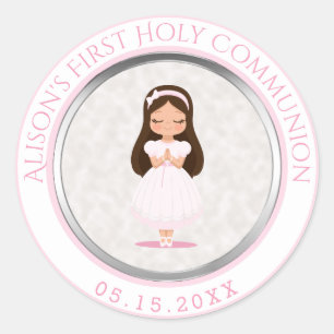 Girl First Heilige Kommunion Rosa Silber Runder Aufkleber