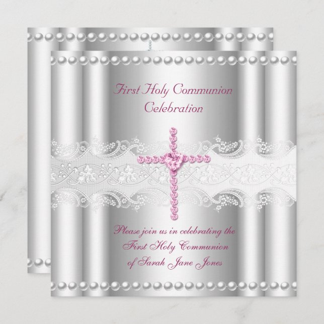 Girl First Heilige Kommunion Silver Lace Pink Pear Einladung (Vorne/Hinten)