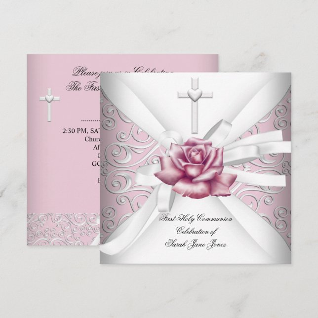 Girl First Holy Communion Damask Pink Rose White Einladung (Vorne/Hinten)