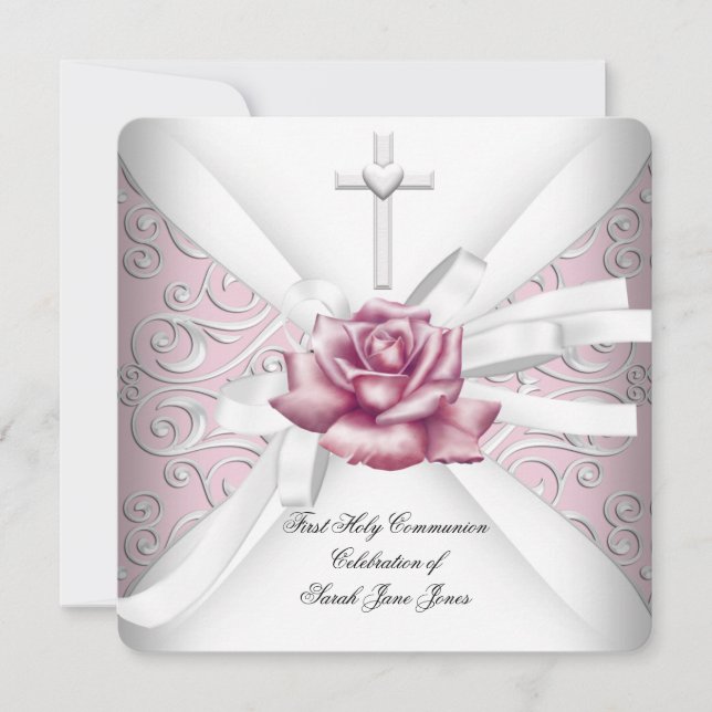 Girl First Holy Communion Damask Pink Rose White Einladung