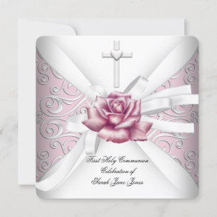 Girl First Holy Communion Damask Pink Rose White Einladung
