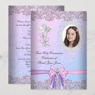 Girl First Holy Communion Hübsch Pink Foto Einladung