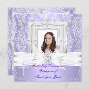 Girl First Holy Communion Hübsches Lila Foto Einladung
