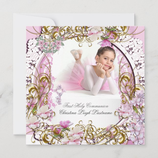 Girl First Holy Communion Lace Pink Gold Foto Einladung (Vorderseite)