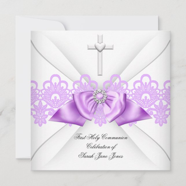 Girl First Holy Communion Lilac Lace Bow White Einladung (Vorderseite)