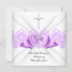 Girl First Holy Communion Lilac Lace Bow White Einladung