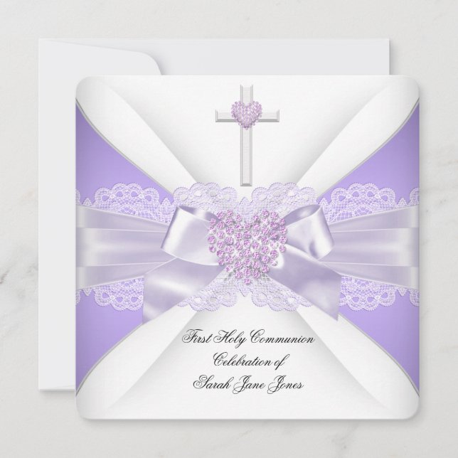 Girl First Holy Communion Lilac Lace Heart 3 Einladung (Vorderseite)