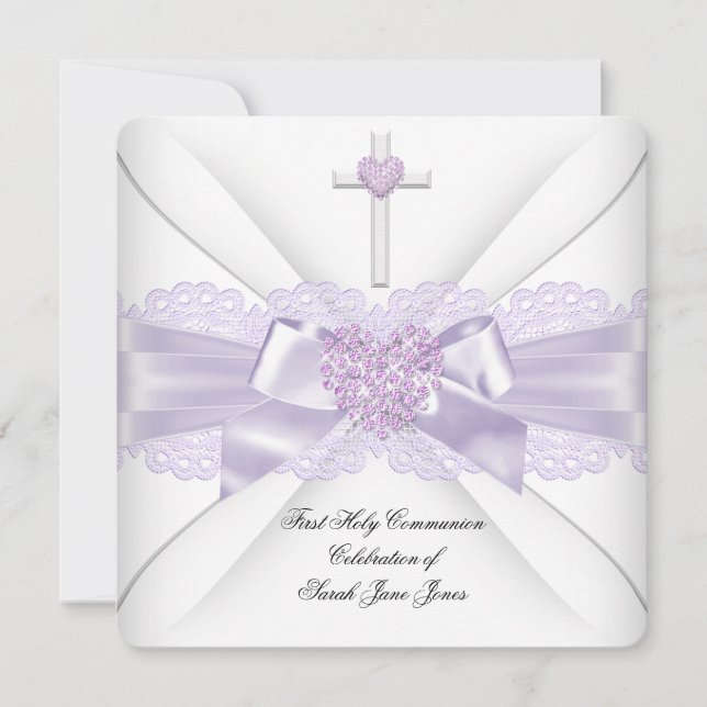 Girl First Holy Communion Lilac Lace Herz 2 Einladung (Vorderseite)
