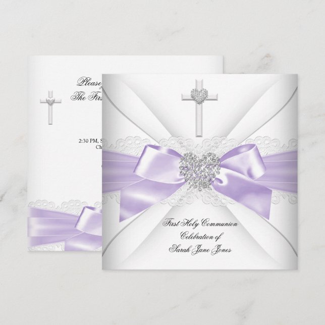 Girl First Holy Communion Lilac White Silver Heart Einladung (Vorne/Hinten)