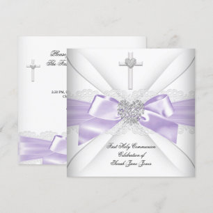 Girl First Holy Communion Lilac White Silver Heart Einladung