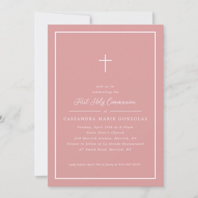 Girl First Holy Communion Pink Cross Simple Frame Einladung (Vorderseite)