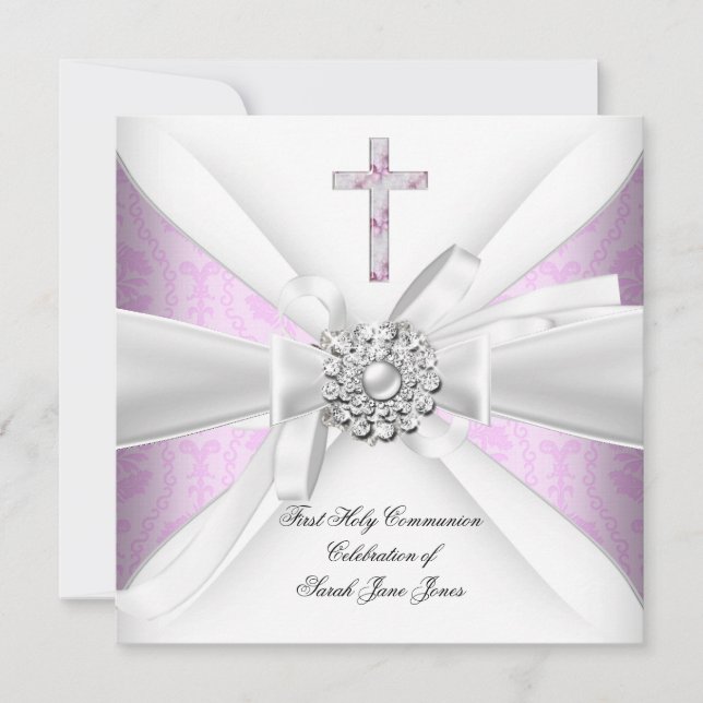 Girl First Holy Communion Pink Damask White Silver Einladung (Vorderseite)