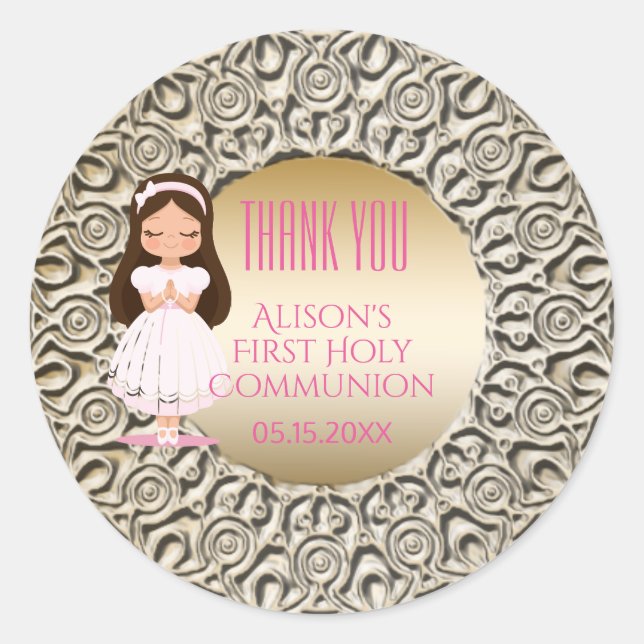 Girl First Holy Communion Pink Gold Runder Aufkleber (Vorderseite)