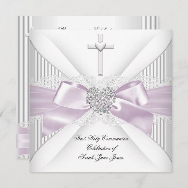 Girl First Holy Communion Pink White Grey Heart Einladung (Vorne/Hinten)
