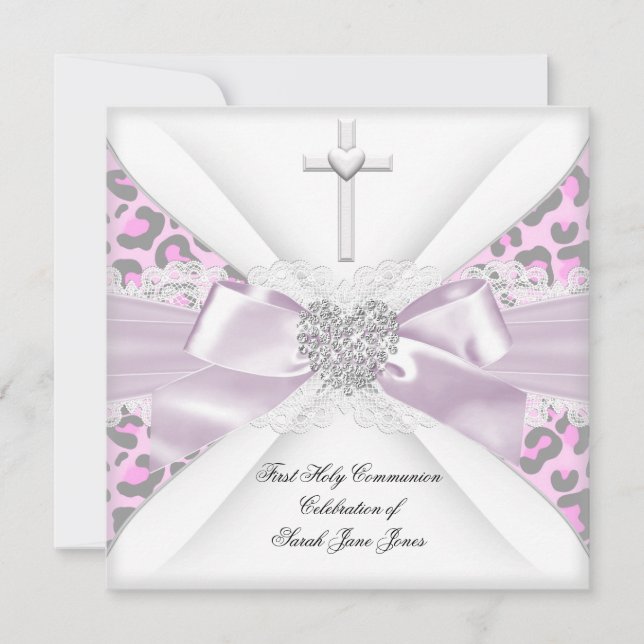 Girl First Holy Communion Pink White Grey Leopard Einladung (Vorderseite)